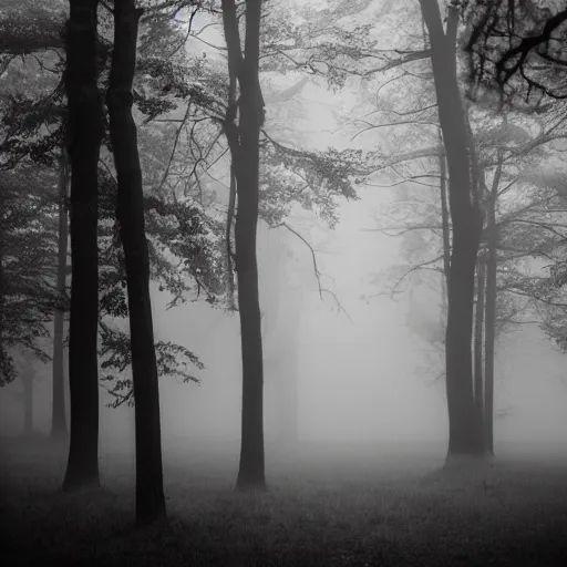 Image similar to deep misty forest with big black horned demon behind the tree, monochrome lomography