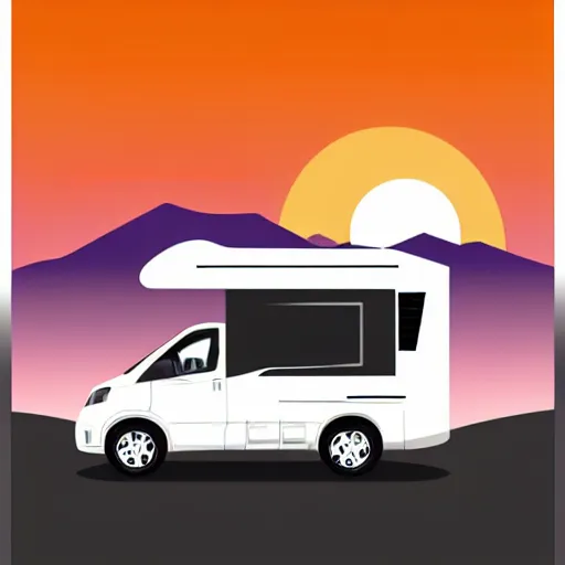 Image similar to very very very minimal vector graphic of a white and black thor chateau motorhome, color highway, mountains and sunset!!, all enclosed in a circle, white background, dramatic, professional minimal graphic design cartoon, award winning