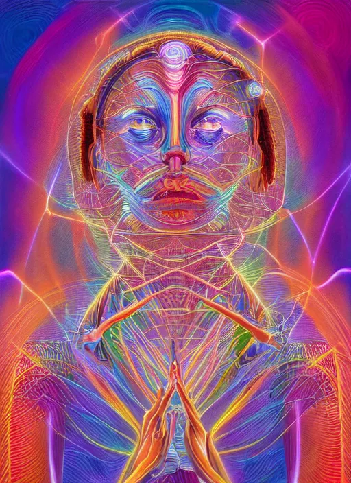 Image similar to humankind transcendence into collaborative intelligence, group intelligence, ai, by alex grey, album cover, award winning, beautiful, colorful, volumetric lighting, trending on artstation