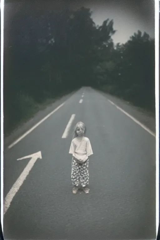 Prompt: photo polaroid of a sad and lonely child in the middle of a road with field hospitals around, pandemic, loneliness, black and white ,photorealistic, 35mm film,