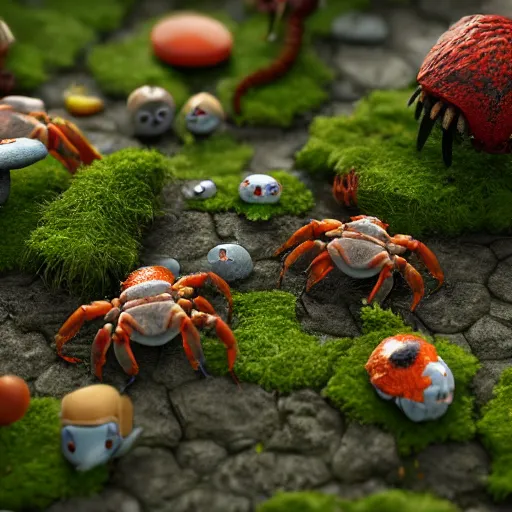 Image similar to large group of crabs and worms, crawling along a bed of moss, low poly, creeper world, handcrafted, artstation, hyperrealistic, hard light, best practices, creeptastic, photorealism, macro perspective, cuddly, Voidless of the Festival!, The Graveyard!!