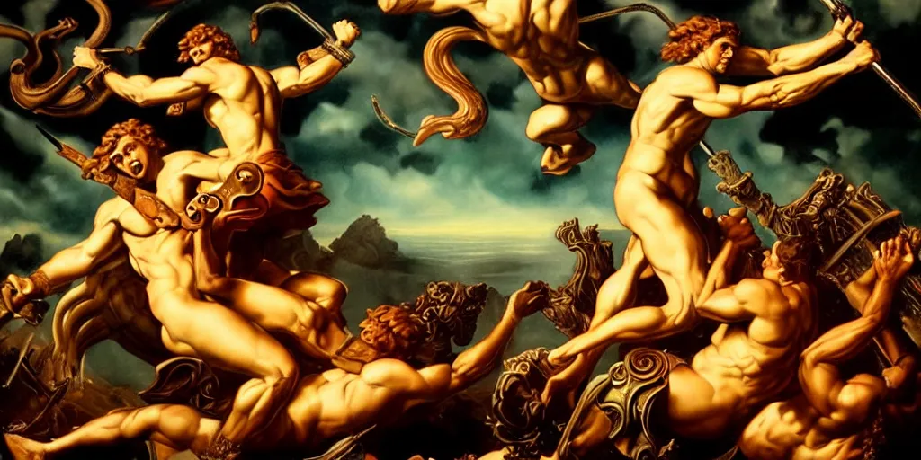 Image similar to Heracles slaying the Lernaean Hydra, by Rolf Armstrong and Evelyn De Morgan, dramatic lighting, high contrast colors, baroque, empyrean, panoramic view, as trending on Artstation, highly detailed, doom engine,