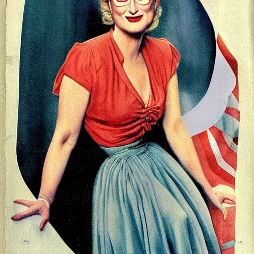 Prompt: “Meryl Streep portrait, color vintage magazine illustration 1950”