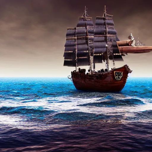 Image similar to a pirate ship on a baked beans sea 4k, photorealistic, high resolution