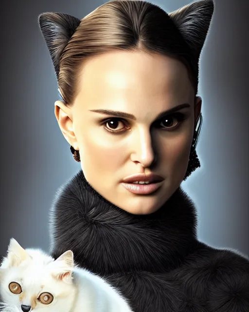 Image similar to Natalie Portman mixed with a cat, very detailed portrait, ultrarealistic, dramatic lighting, electrical details, high details, 4k, 8k, best, accurate, trending on artstation, fur, artstation, photorealism, ultrarealistic, digital painting, style of Dali, Caravaggio, Boris Vallejo