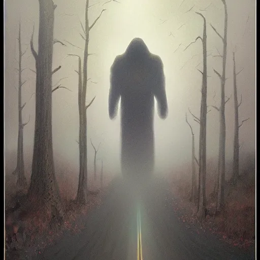 Image similar to creepy humanoid masculine silhouette hovering above a foggy road, gerald brom, horror