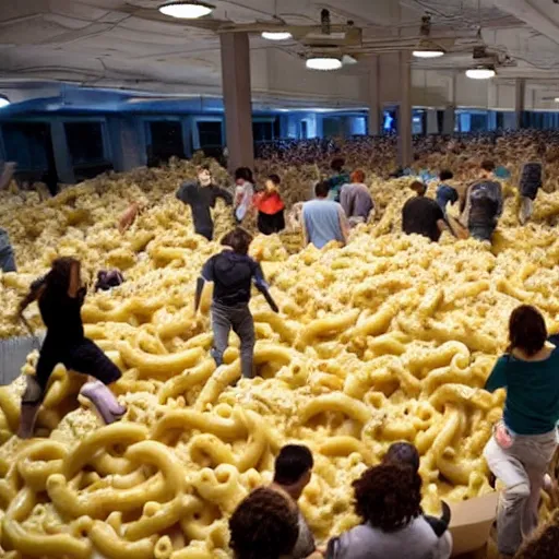 Image similar to a gathering of people trying to escape a dystopian city by climbing over a huge wall of mac n' cheese. still frame from a sci-fi movie.