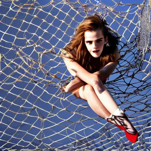 Image similar to annoyed annoying emma watson hanging from and trapped in a giant net