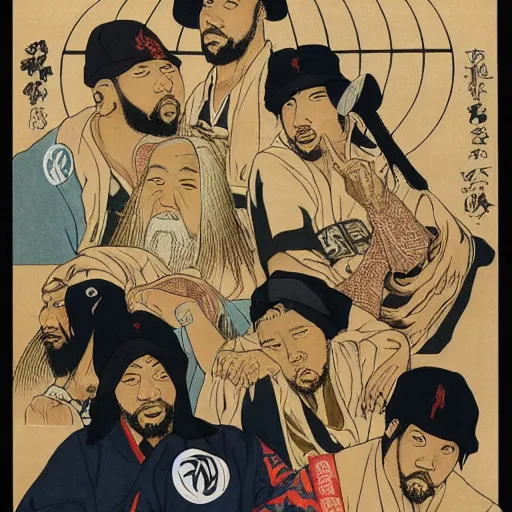 Prompt: wu-tang clan rapping, portrait, style of ancient text, hokusai