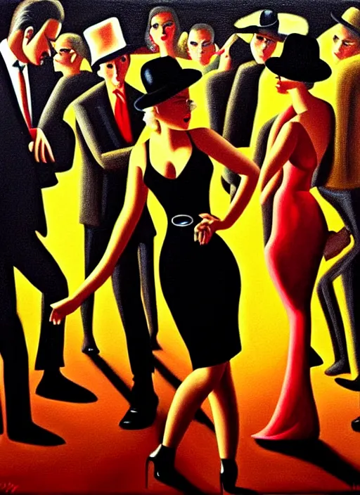 Image similar to film noir disco, crowds of people, she arrived in a golden dress oil painting