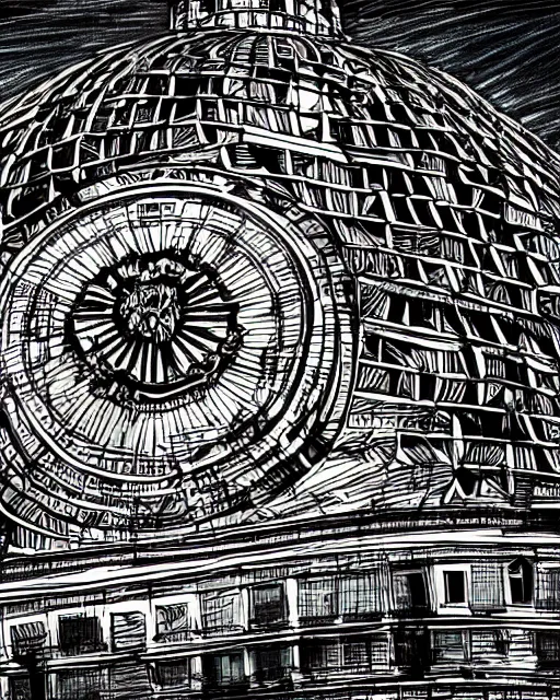 Prompt: manga color drawing of a giant anarchist graffiti on the dome of the capitol building, epic photography, dystopin future , 8k