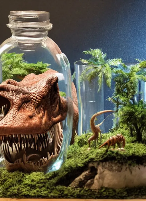 Prompt: a t - rex inside a glass jar, jurassic world, diorama