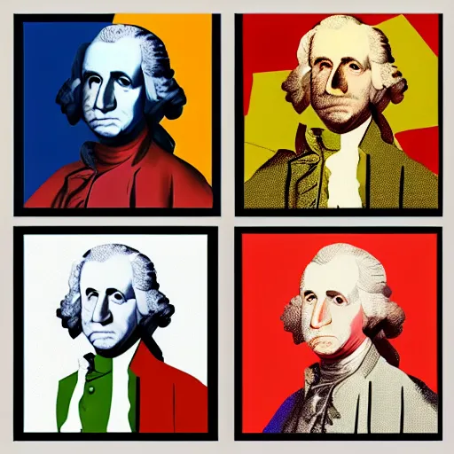 Prompt: george washington's portrait in the style of cubism and andy warhol, pop art, 4 panel, high definition, realistic surrealism