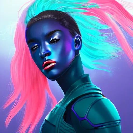 Image similar to a stunning upper body portrait of a beautiful young woman wearing futuristic navy blue and teal battle bodyarmor, ombre purple and pink hairstyle, hair blowing in the wind, hoop earrings, by marvel comics, digital art, trending on artstation