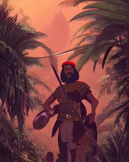 Image similar to portrait of karim benzema as a spanish conquistador in a jungle, by nicola saviori, charles williams and kilian eng, studio ghibli color scheme, highly detailed, rim light, cinematic lighting, illustration, art, octane render, very coherent, cinematic, hyper realism, high detail, 8 k