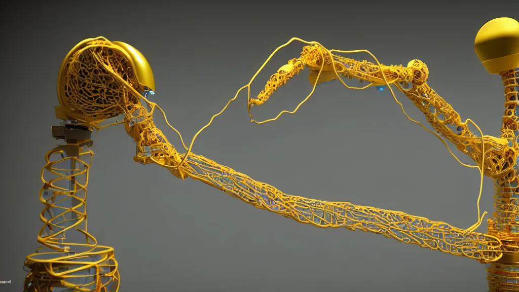 Image similar to a complex bifurcated robotic cnc surgical arm hybrid 3 d printer machine making organic ceramic kintsugi mandlebulb forms in the laboratory room, very thin gold wire, film still from the movie directed by denis villeneuve with art direction by salvador dali, wide lens, f 3 2, cinematic lighting, studio quality, smooth render, unreal engine 5 rendered, octane rendered