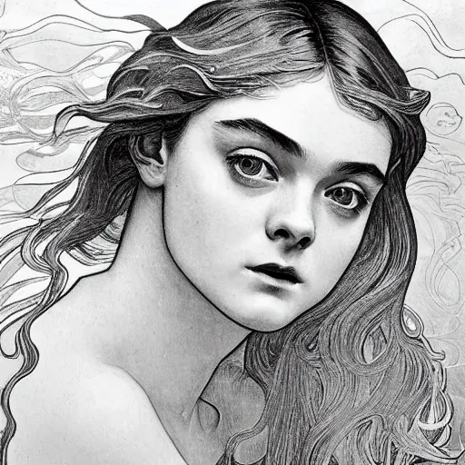 Image similar to professional painting of Elle Fanning in the style of Alphonse Mucha, head and shoulders portrait, symmetrical facial features, smooth, sharp focus, illustration, intricate, stormy weather, extremely detailed masterpiece,