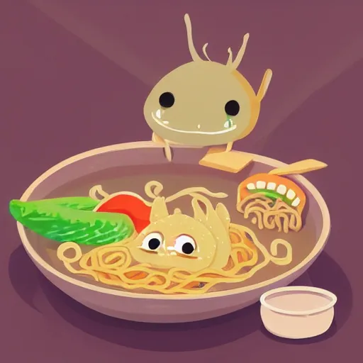 Image similar to cute cartoon axolotl eating ramen, colorful, artstation hd