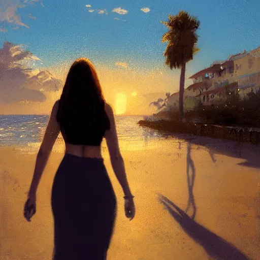 Image similar to a woman facing a blue portal on the street, which shows a beach at sunset, greg rutkowski