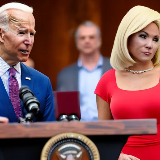 Image similar to photograph of a an alien, gray alien, wearing a blond wig and a red dress and ((Joe Biden)) at a press conference, highly detailed, 4K