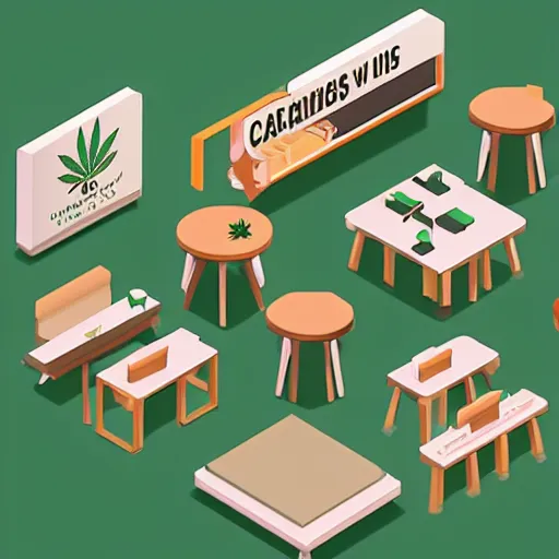 Prompt: isometric cartoon of cannabis leaf cafe with desks and chairs, by benoit mandelbrot, low poly minimal interior design