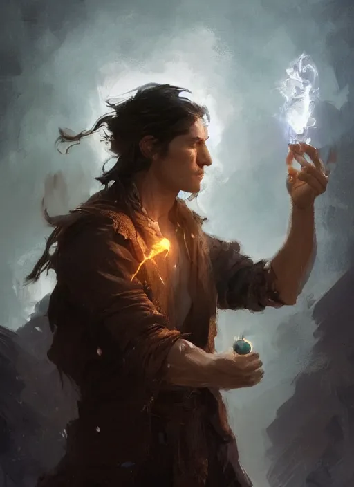 Image similar to side profile of a man with long black hair in brown rags holding a magical orb, fantasy, intricate, sharp focus, lens flare, bloom, illustration, highly detailed, digital painting, concept art, matte, art by ruan jia and wlop and greg rutkowski, masterpiece