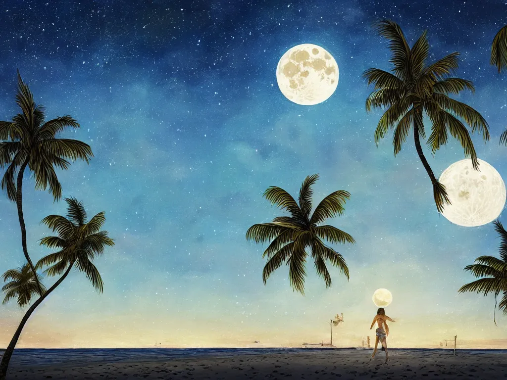 Prompt: night on a summer beach in miami, palm trees, footprints in the sand, full moon, moon reflected in the calm ocean, starry sky 8 k, ultra detailed, trending on artstation, digital painting