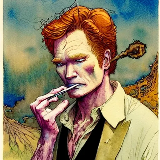 Prompt: a realistic and atmospheric watercolour fantasy character concept art portrait of conan o'brien with pink eyes wearing a wife beater and smoking a huge blunt by rebecca guay, michael kaluta, charles vess and jean moebius giraud