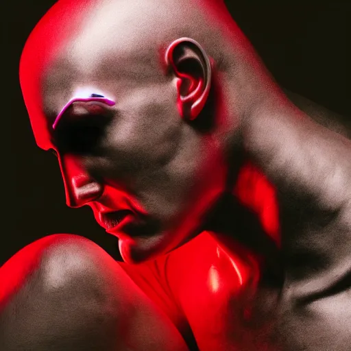 Image similar to male cyborg body profile cyberpunk neon metal glow red purple black science fiction hd 8 k by caravaggio