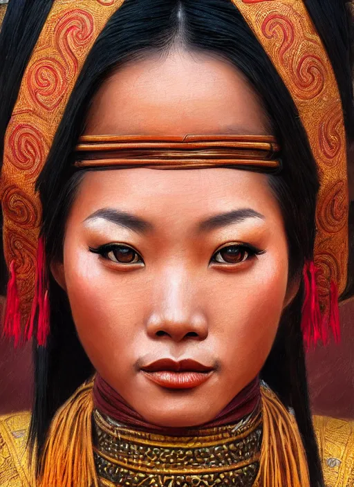 Prompt: portrait of a beautiful female tai ethnic sukhothai, closeup portrait, historical, ethnic group, traditional costume, elegant, loin cloth, highly detailed, oil painting, artstation, concept art, matte, sharp focus, illustration, hearthstone, art by earl norem