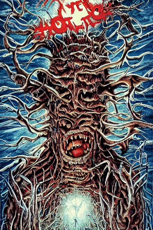 Prompt: a hyper detailed photorealistic painted horror movie poster for the thing 2 1 9 8 2 by john totleben & john carpenter depicting a horroifying abstract shape shifting alien organism made of human and animal tissue