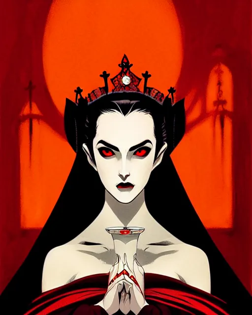 Image similar to beautiful vampire queen with crown, symmetrical face, evil, portrait, cinematic, dramatic, powerful, super detailed and intricate, by koson ohara, by darwyn cooke, by greg rutkowski, by satoshi kon