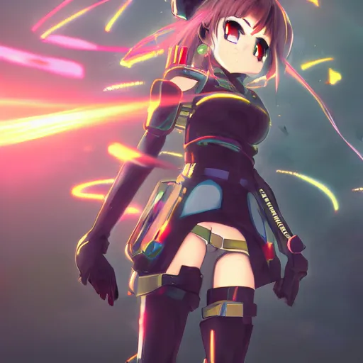 Image similar to anime girl as a general jumping at a enemy mecha, cyberpunk anime art, full body shot, lens flare, trending on artstation, award - winning