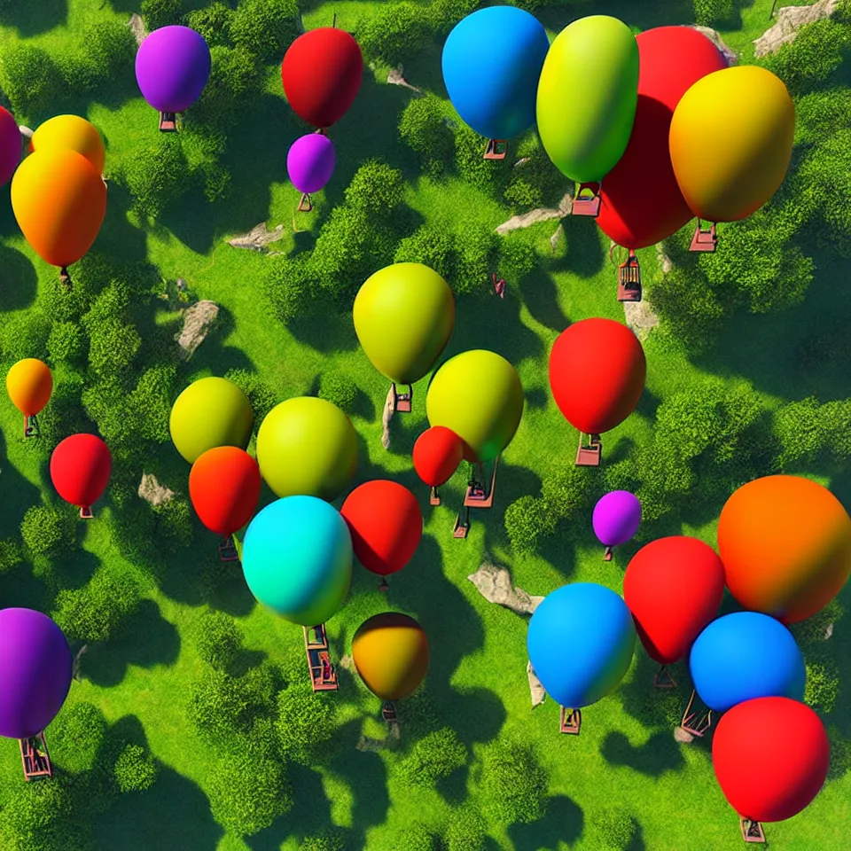 Prompt: large colorful balloons with people on rope swings underneath, flying high over the landscape, realistic, detailed, digital art, unreal engine