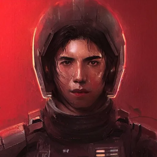 Image similar to portrait of a man by greg rutkowski, mixture between russian and japanese, black messy hair, star wars expanded universe, he is about 2 0 years old, wearing red tactical gear of the galactic triunvirate, highly detailed portrait, digital painting, artstation, concept art, smooth, sharp foccus ilustration, artstation hq