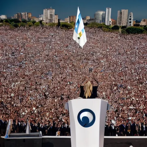 Image similar to Lady Gaga as president, Argentina presidential rally, Argentine flags behind, bokeh, giving a speech, detailed face, Argentina