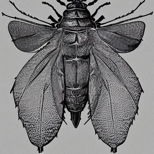 Image similar to horned beetle, black and white, botanical illustration, black ink on white paper, bold lines