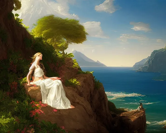 Image similar to a painting of a woman sitting on a rock overlooking an island, a digital painting by thomas cole, cgsociety, metaphysical painting, 2 d game art, storybook illustration, detailed painting