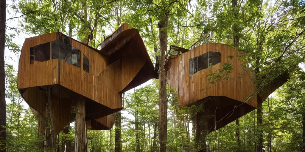 Prompt: sustainable treehouse brutalist architecture