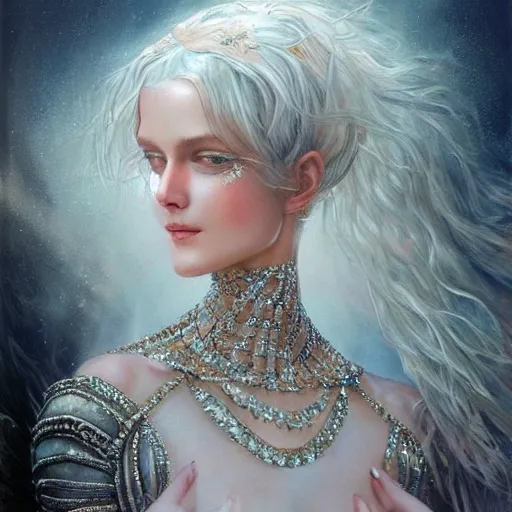 Image similar to a beautiful woman wearing a white dress made of silver with jewelry and diamonds by karol bak, ayami kojima, sakimichan, arabian blue eyes, smile, concept art, fantasy