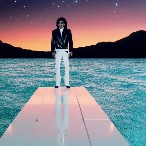 Image similar to michael jackson standing on a raised translucent platform in the middle of the sea, night time with milky way in the sky. cinematic, 3 5 mm film, sharpness, nostalgic and melancholic 4 k, 8 k