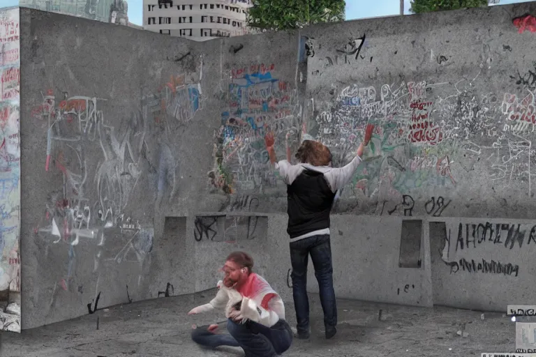 Image similar to people destroying the berlin wall, storyboard style, 3 d