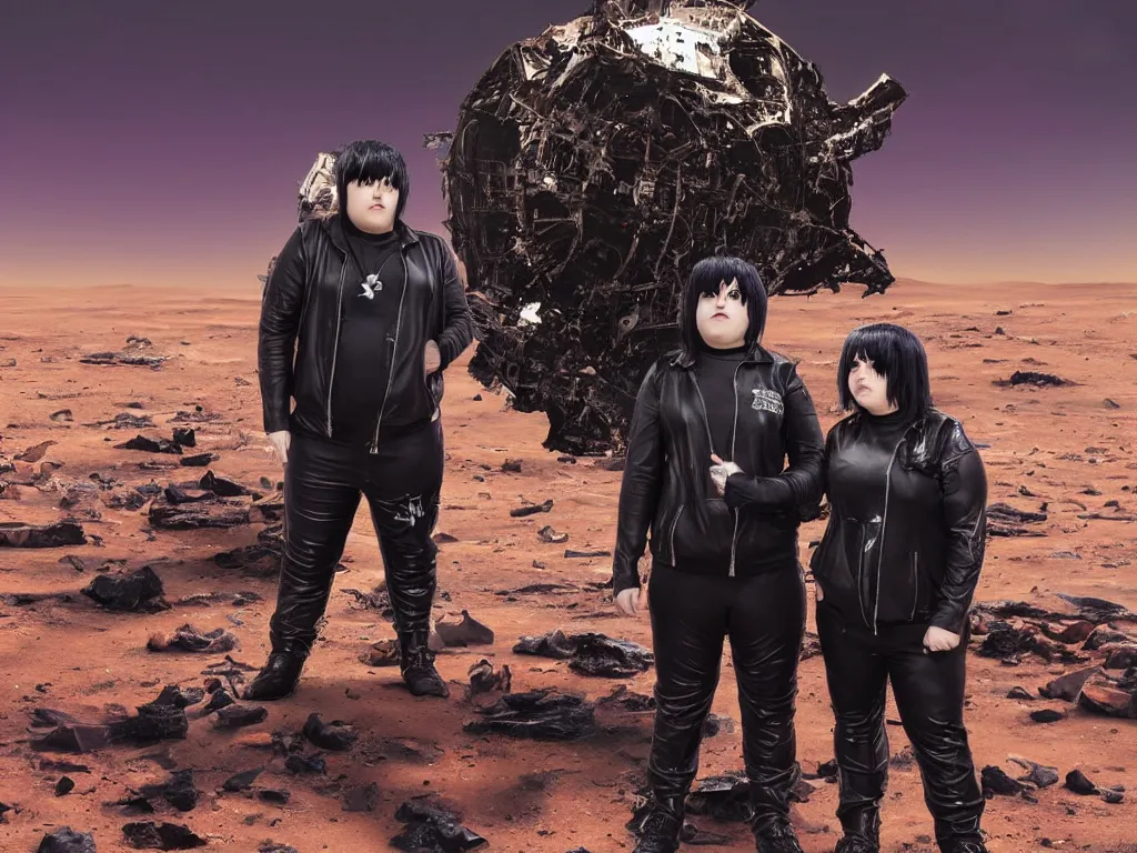 Image similar to two chubby teenagers with emo haircuts wearing gothy purple and black space spandex suits, standing next to smashed burning spacecraft wreckage, on the surface of mars, highly detailed, dramatic lighting, photorealistic, cinematic