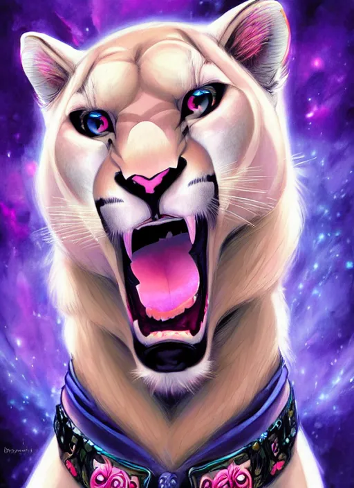 Prompt: award winning beautiful portrait commission of a male furry anthro albino mountain lion with a beautiful hyperdetailed attractive outfit and face wearing a blue and pink rockstar outfit on a stage. Character design by charlie bowater, ross tran, and makoto shinkai, detailed, inked, western comic book art