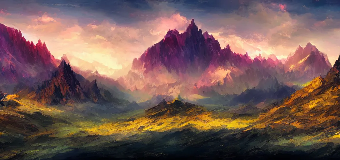 Image similar to vast mountain landscape, craggy mountains, magic the gathering, three - colors, three - color color palette, panoramic, wide angle, horizon, highly detailed