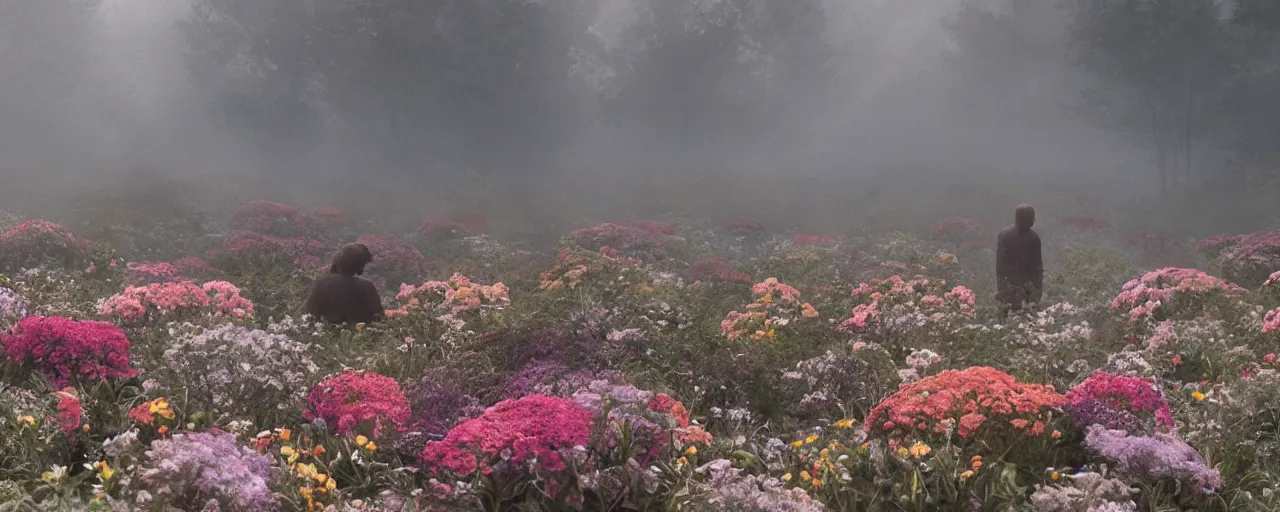 Image similar to dwayne johnsons in surrounded by flowers at dawn, foggy, sun rays, cinematic shot, photo still from movie by denis villeneuve, wayne barlowe