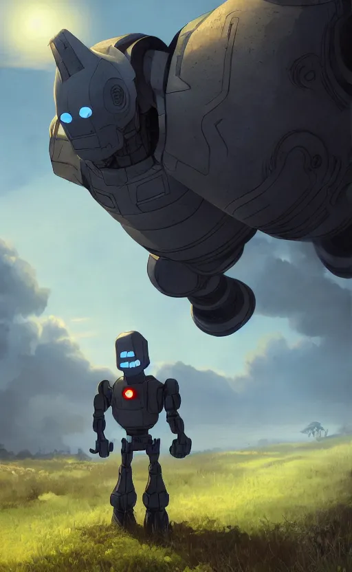 Image similar to iron giant standing near his farm, dynamic lighting, photorealistic fantasy concept art, trending on art station, stunning visuals, creative, cinematic, ultra detailed