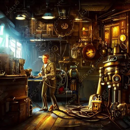 Prompt: a steampunk artificer in his workshop, light rays, scifi