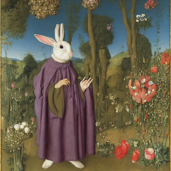 Image similar to a rabbit wearing a cloak of flowers, in a swimming pool, by jan van eyck