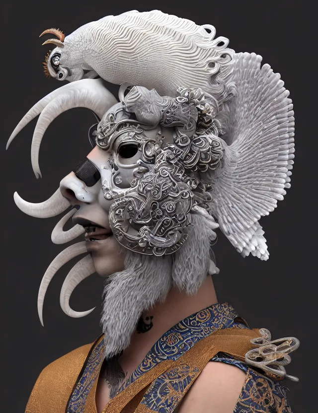 Prompt: 3 d goddess close - up profile portrait occult monk with ram skull. beautiful intricately detailed japanese crow kitsune mask and clasical japanese kimono. betta fish, jellyfish phoenix, bio luminescent, plasma, ice, water, wind, creature, artwork by tooth wu and wlop and beeple and greg rutkowski